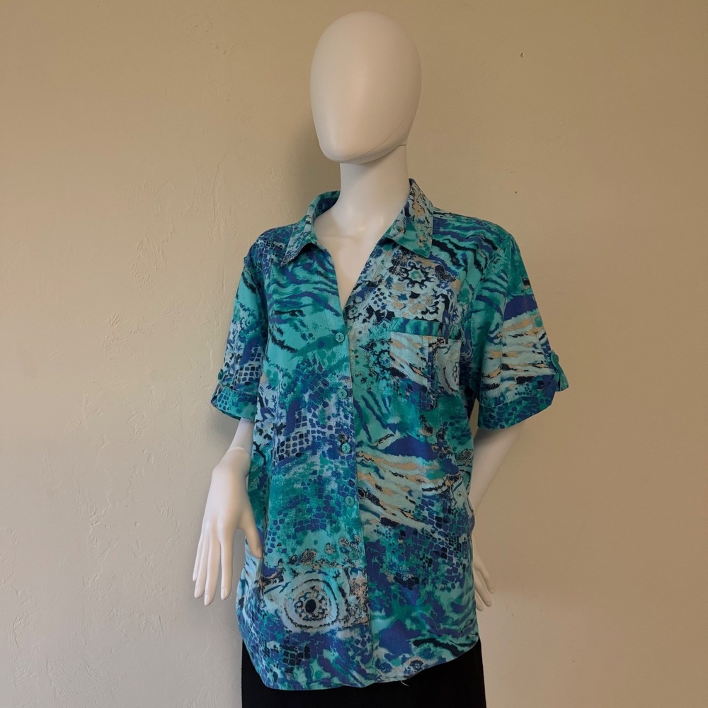 Pappagallo Casuals Womens 1X Teal Blue Abstract Print Button Front Blouse Top